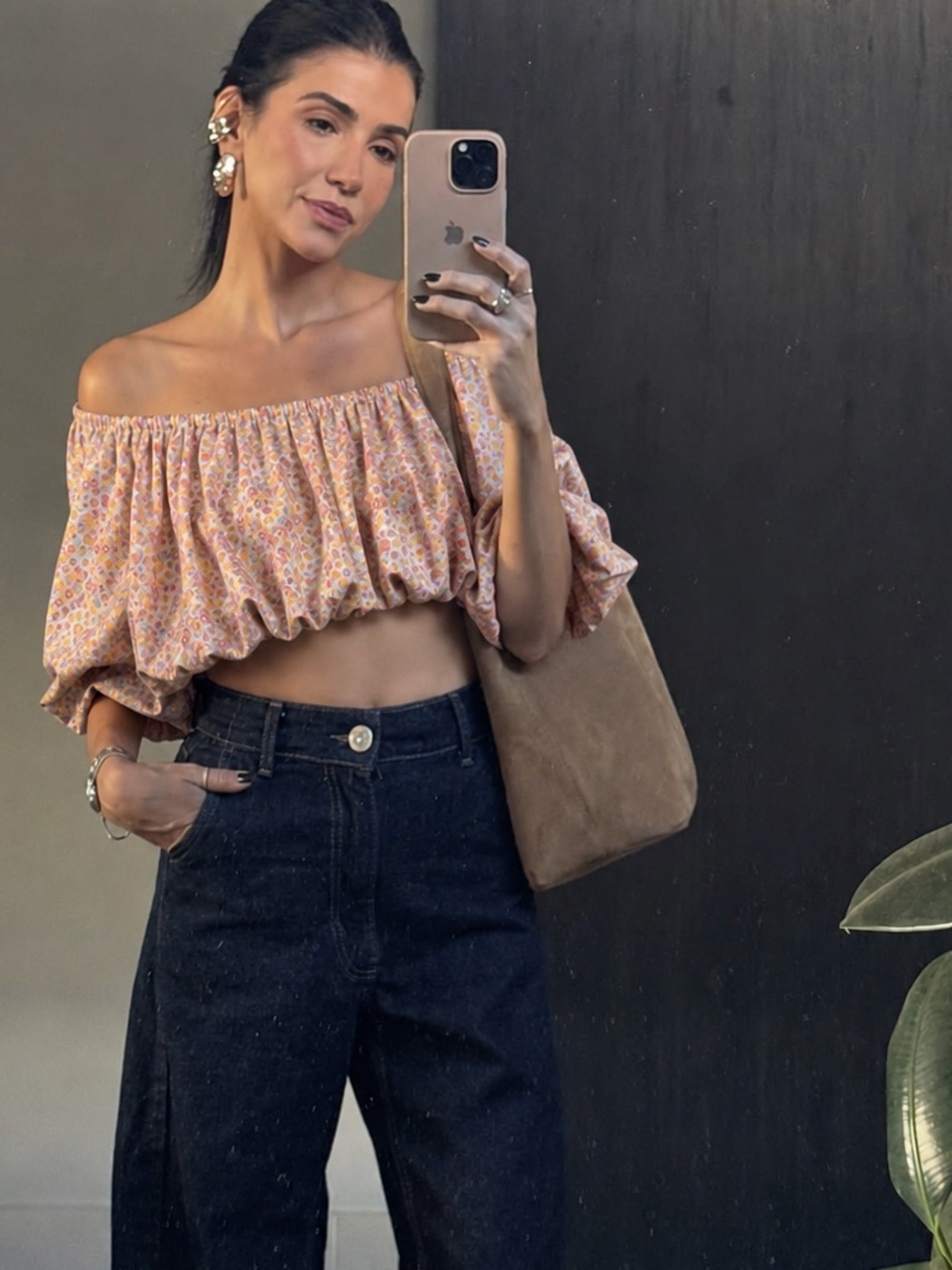 Zara Floral Puff Sleeve Off Shoulder Crop Top Cottagecore Boho Size S